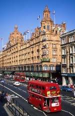 World-famous Harrods store and London bus passing